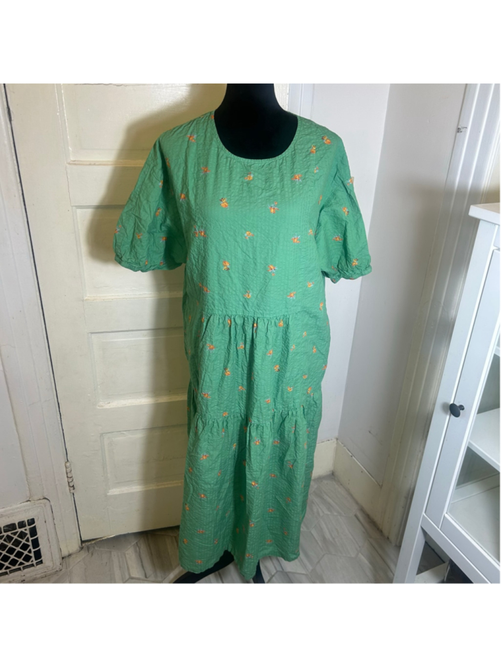 Women's KLOKE Green Orange Floral Tiered Chore Maxi Dress Modest Summer Peasant